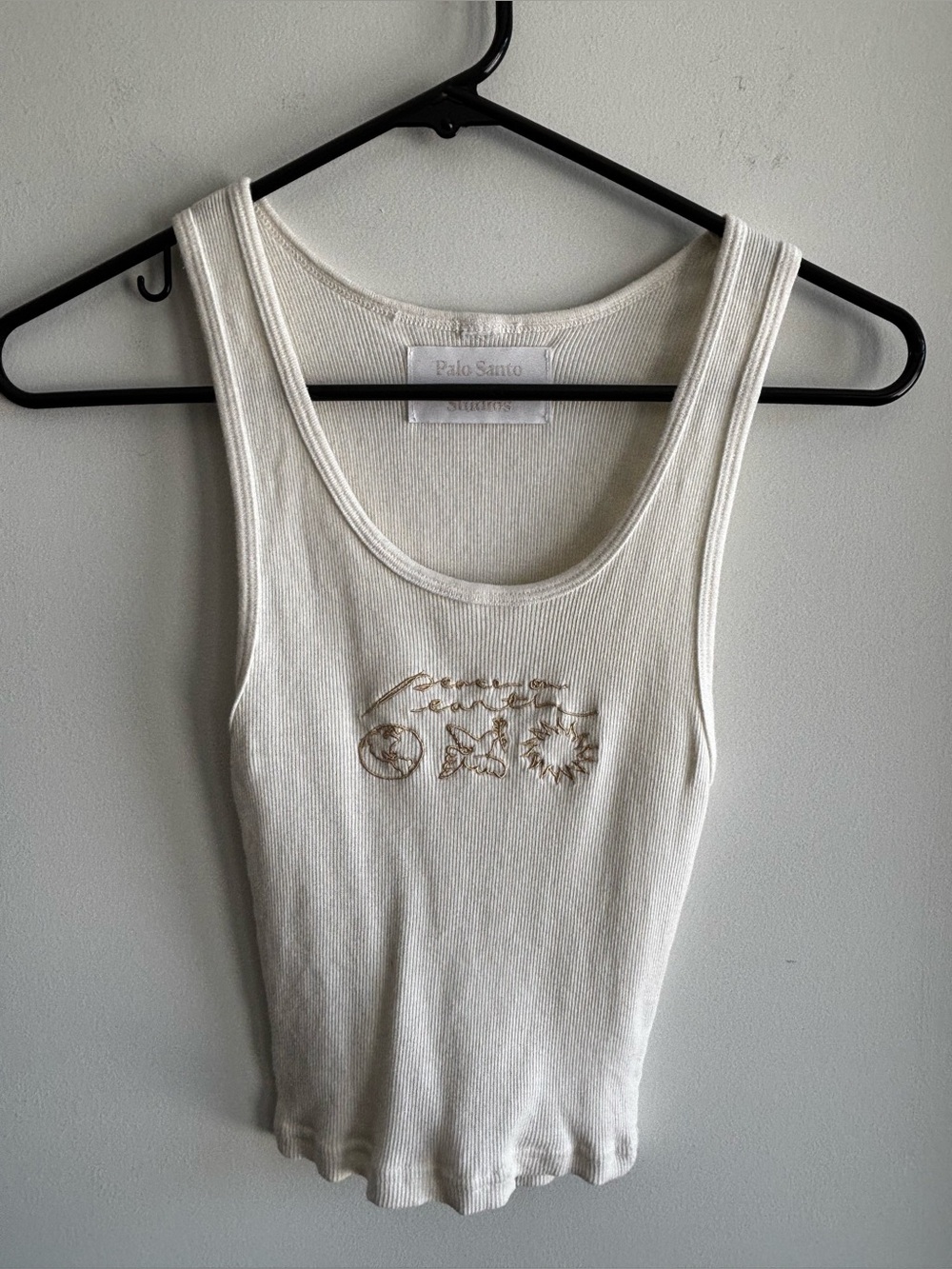 Cream Ribbed Tank with Embroidered Motif